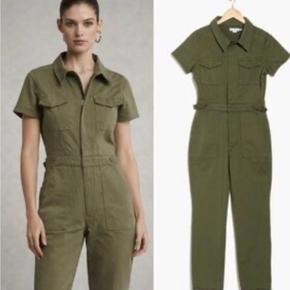 Good American Olive Short-Sleeve Zip-Front Jumpsuit